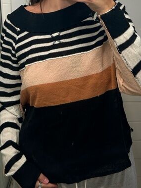 Striped Colorblock Knit Sweater in Black, Cream & Brown